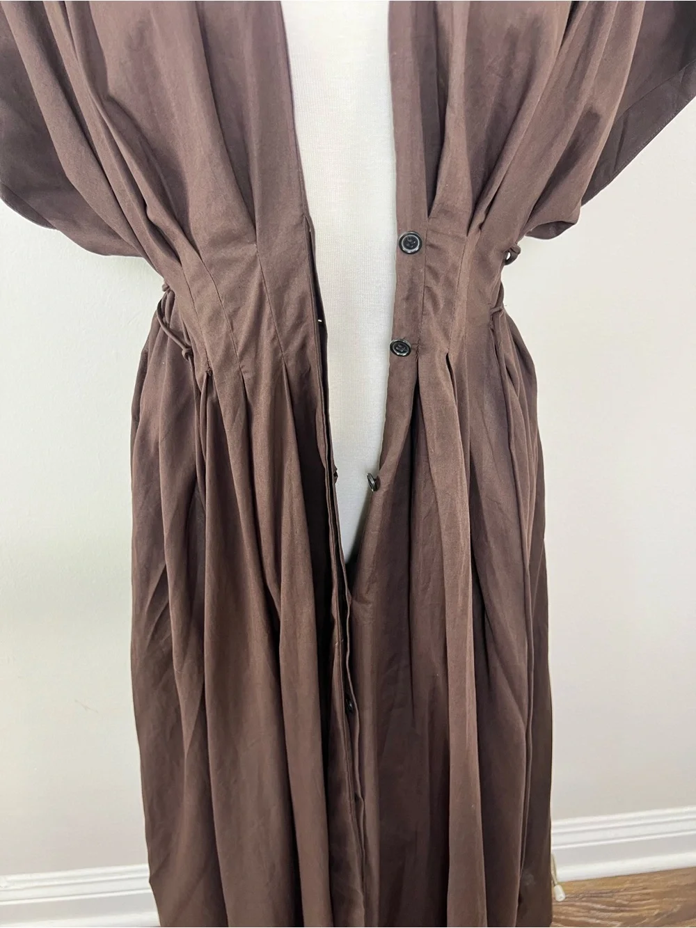 NWT Zara Brown Cotton Poplin Puff Sleeve Midi Dress Size M Pockets - Picture 9 of 12